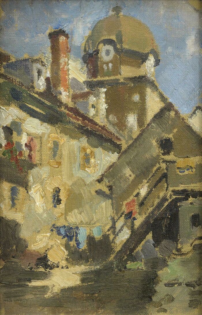 Mushroom tower in Leoben by Béla Konrád, oil on canvas, 22 x 14 cm, before 1933