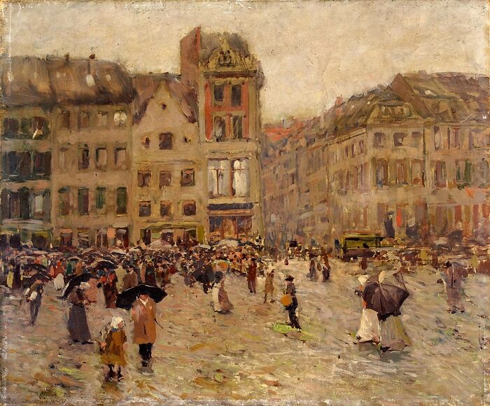 The Burgplatz on a rainy day, oil on canvas, 38 x 46 cm. Düsseldorf School around 1900, turn of the 19/20th century