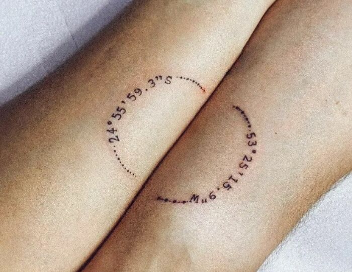 Brother and sister tattoos with matching coordinates on forearms.