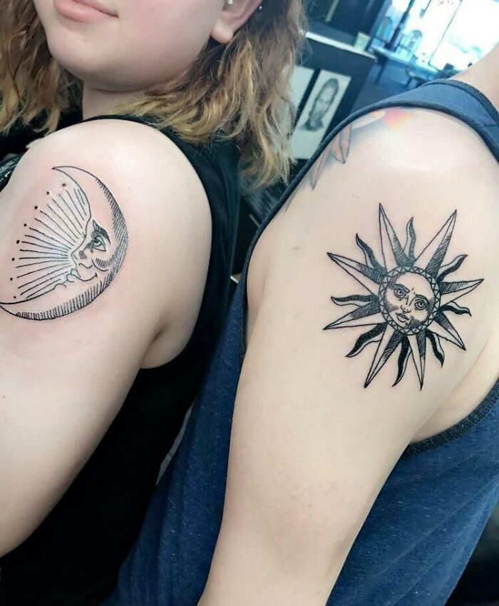 Brother and sister tattoos featuring a moon and sun design on their arms.