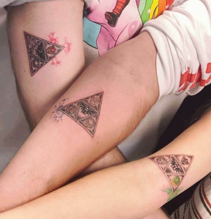 Brother and sister tattoos featuring matching geometric designs on forearms, symbolizing unity and connection.