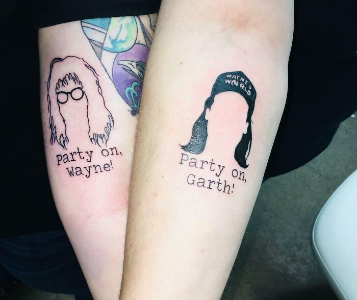 Brother and sister tattoos featuring "Party on, Wayne!" and "Party on, Garth!" silhouettes on each arm.