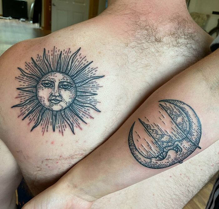 Brother and sister tattoos featuring a sun on a shoulder and a moon on a forearm, symbolizing balance and connection.