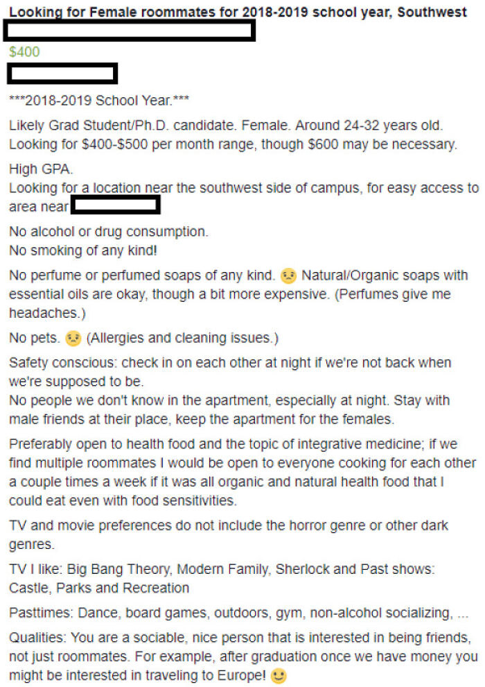 Searching For Roommate With No Scented Soap, No Drinking, No Scary Movies, And No Men Allowed In The Apartment