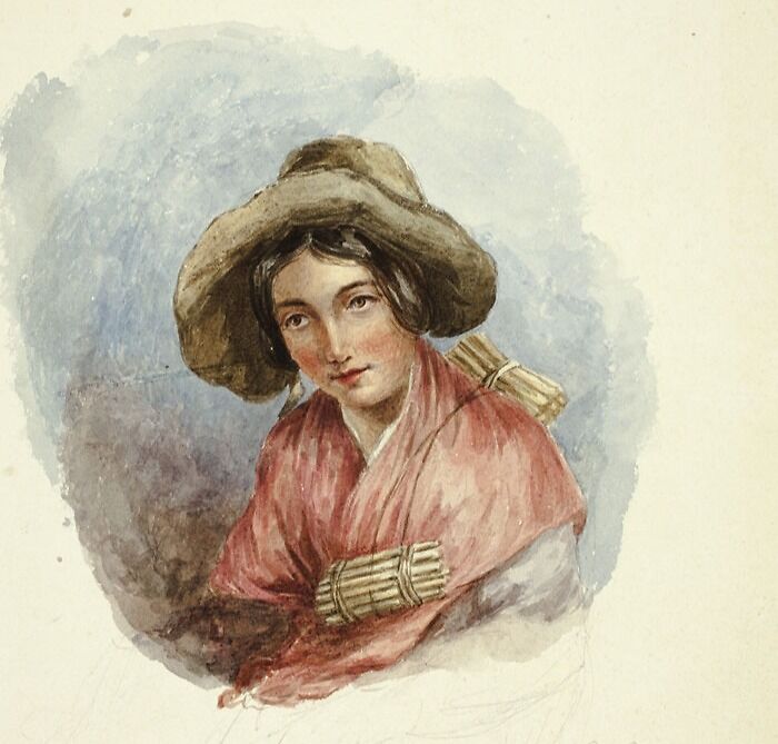 Watercolor painting of a woman with a hat and shawl, showcasing the mastery of the medium.