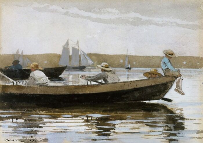 Watercolor painting of people in a boat on a calm water with sailboats in the background.