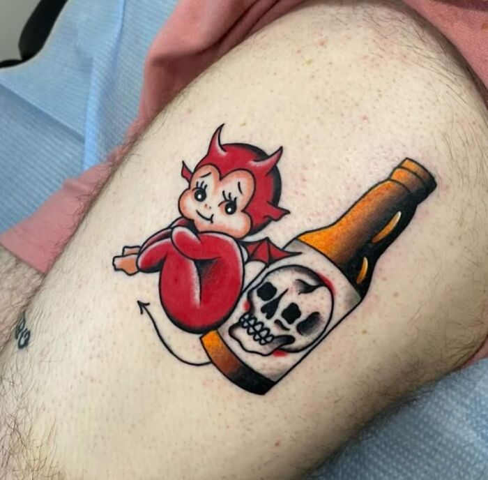 Trippy tattoo of a cartoon devil with a bottle featuring a skull design, showcasing psychedelic art style.