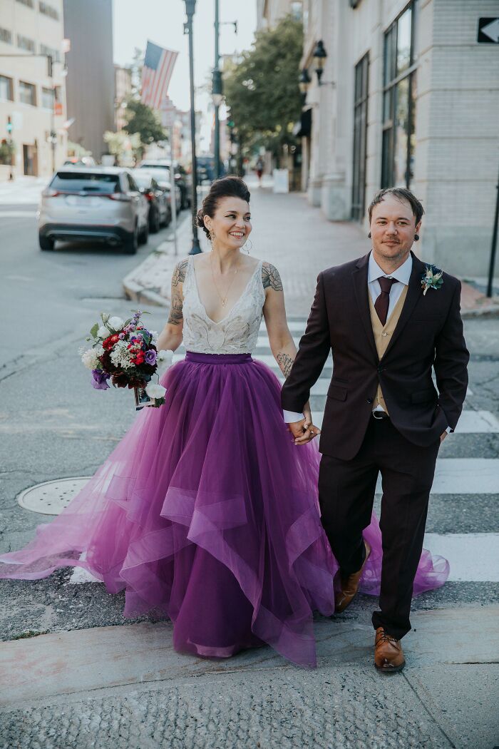My Totally Non-Traditional Totally Awesome Dress! The Giant Purple Skirt Was Removable For Dancing, Underneath Was A Silk Sheath With Short Mermaid Train