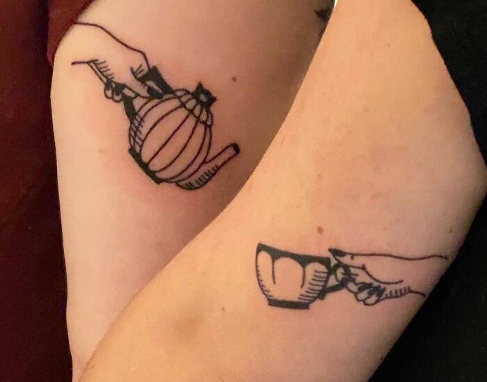 Matching best friend tattoos of a teapot and cup on arms.