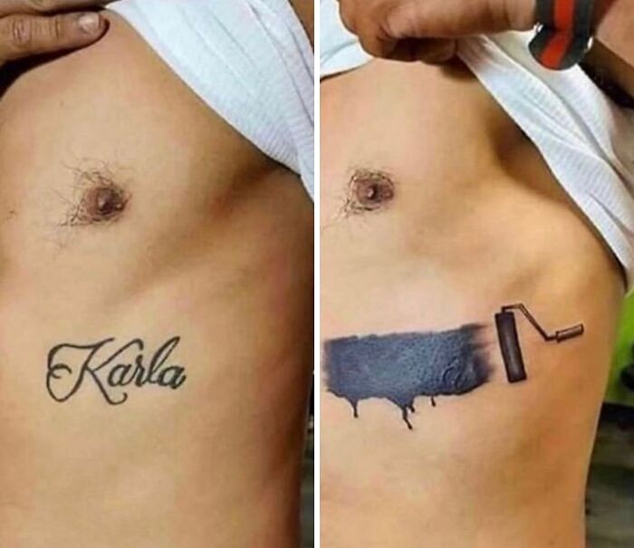 Horrible tattoo covered with paint roller on skin.