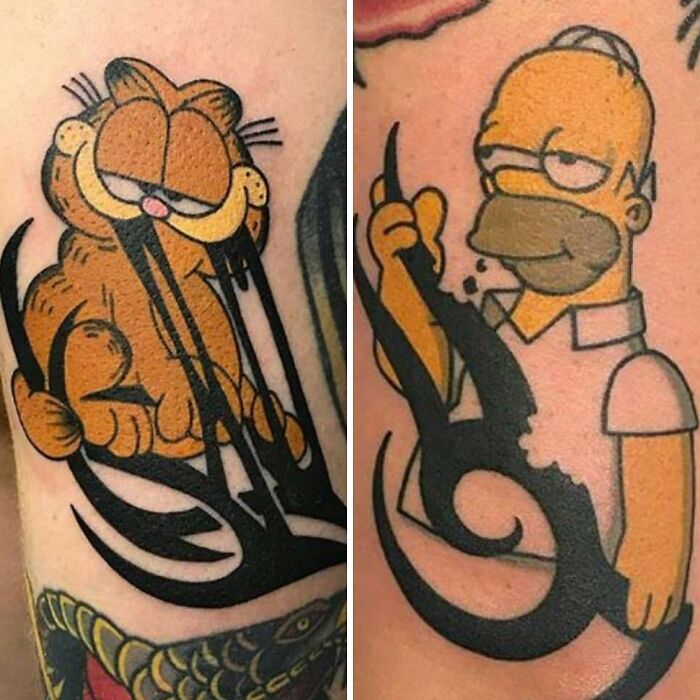 Two poorly executed tattoos featuring cartoon characters on a person's skin, highlighting lack of thought in tattoo design.