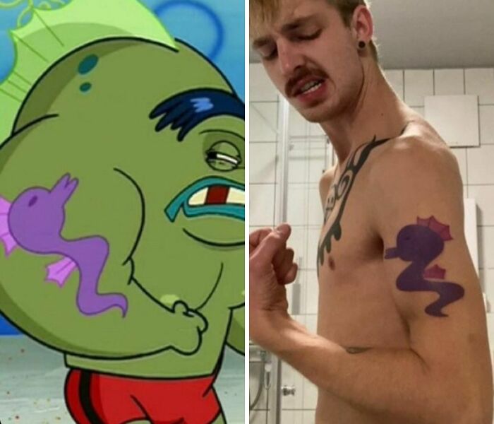 Two images comparing a cartoon seahorse tattoo and a real-life tattoo on a man's arm.