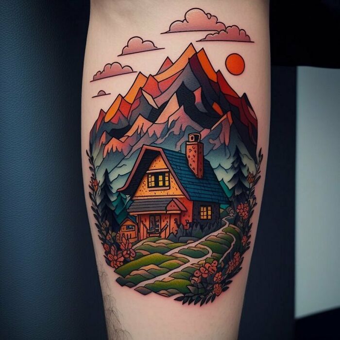 Vibrant nature tattoo featuring a cozy house, mountains, and sun, perfect for those with a wild side.