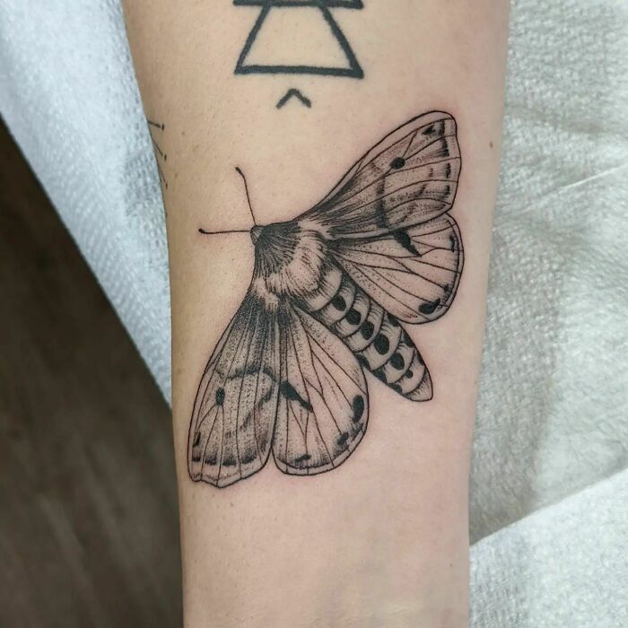 Nature tattoo of a detailed moth on forearm, showcasing appreciation for the wonders of Mother Earth.