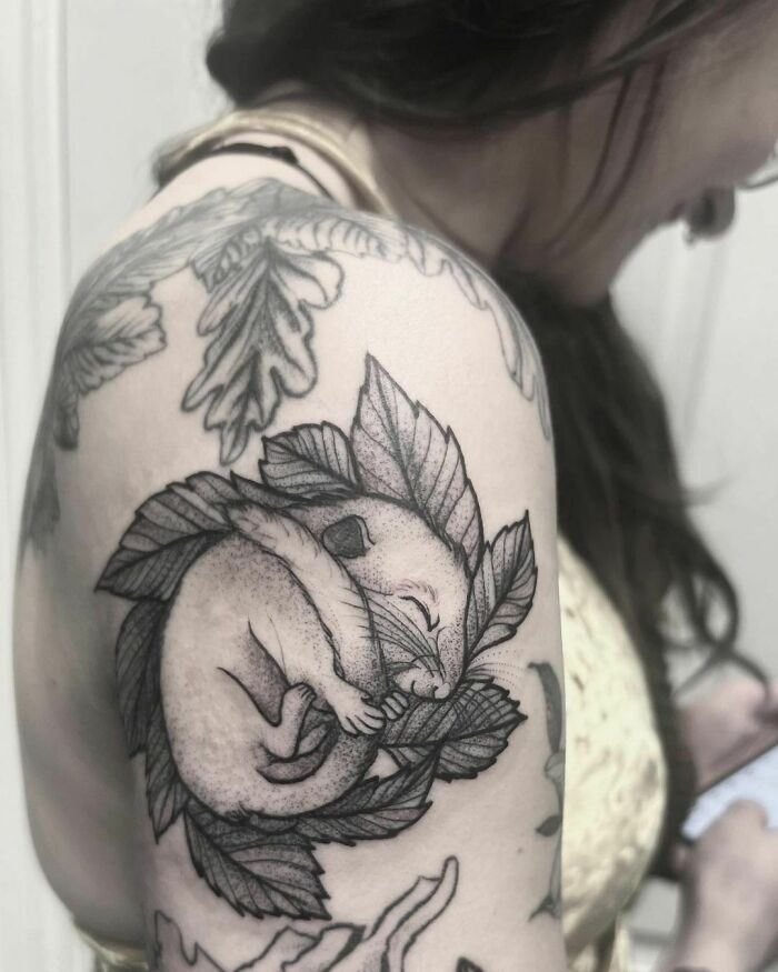 Nature tattoo of a sleeping mouse surrounded by leaves on a person's shoulder.
