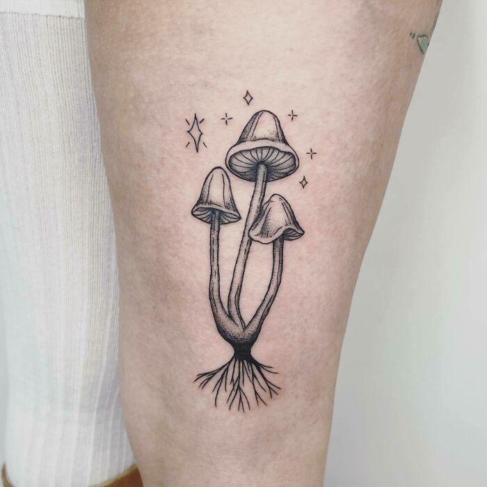 Tattoo of three detailed mushrooms with roots on a person's leg, showcasing a unique nature design.