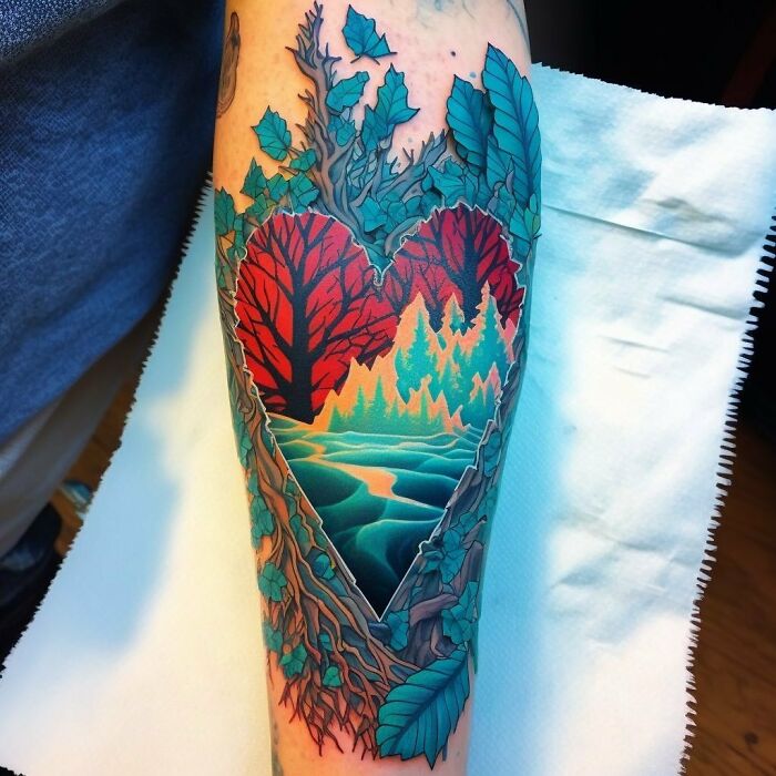 Heart-shaped nature tattoo featuring a forest and red sky, symbolizing the human-earth bond.