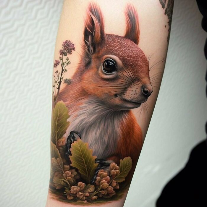 Squirrel nature tattoo beautifully detailed with leaves and flowers, showcasing a wild side.