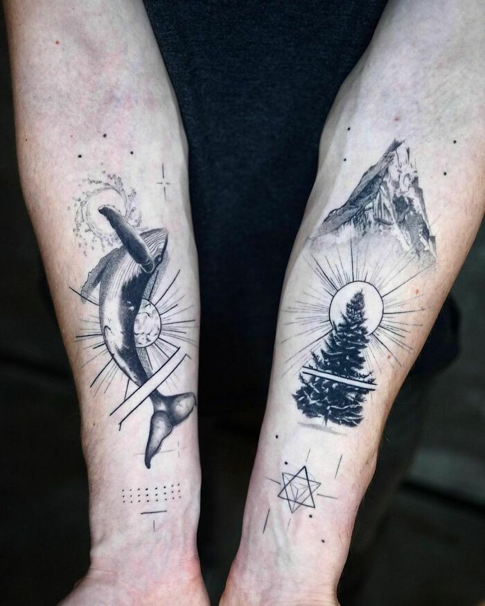 Nature tattoos featuring a whale and mountain scene on forearms, symbolizing human-earth bond.