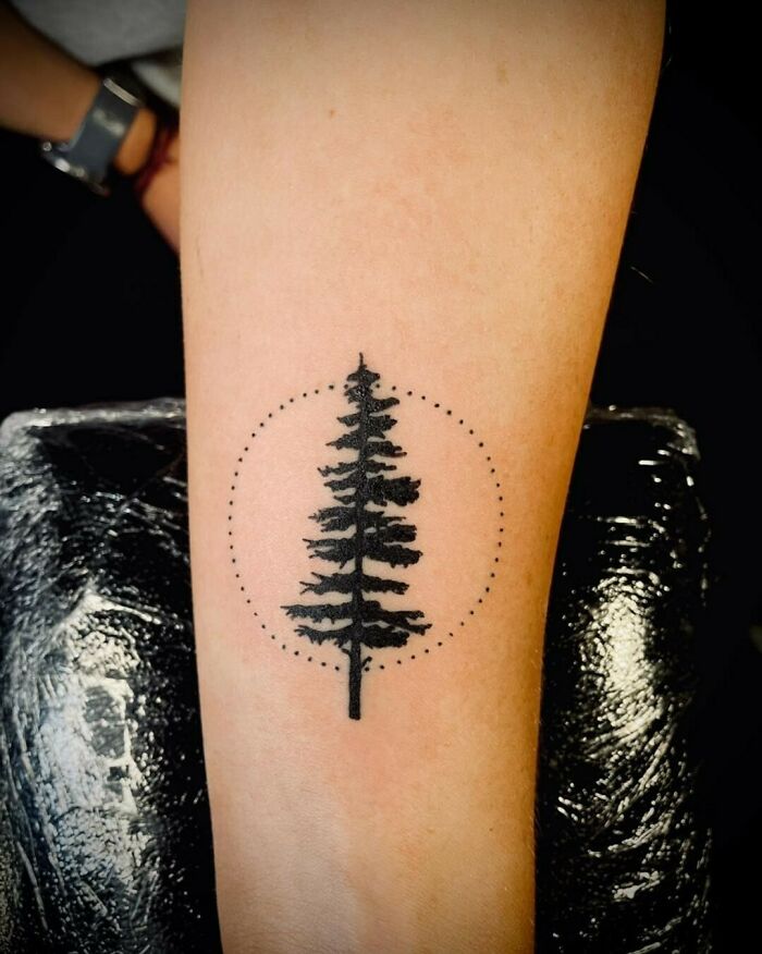 Tree tattoo on forearm with dotted circle, symbolizing nature.