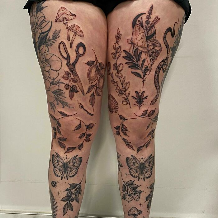 Nature-themed tattoos featuring leaves, butterflies, mushrooms, and scissors on legs, celebrating Mother Earth's wonders.