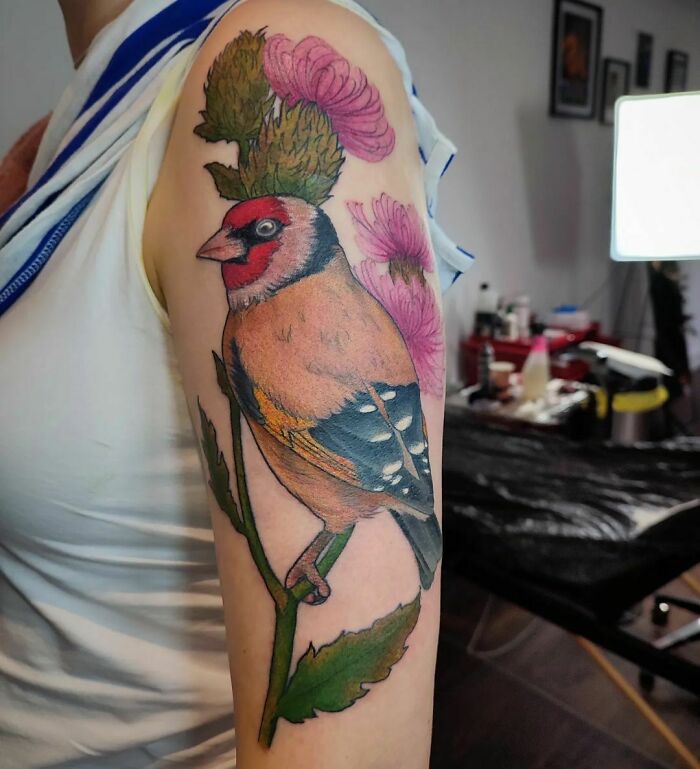 Colorful nature tattoo of a bird and pink flowers on an upper arm, symbolizing the human-earth bond.