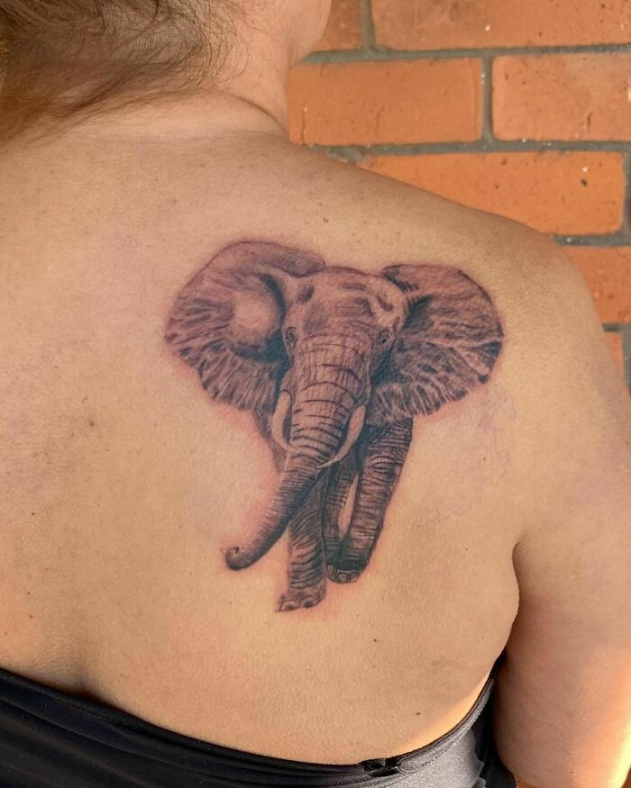Elephant tattoo on upper back, symbolizing the human-earth bond through nature-inspired art.