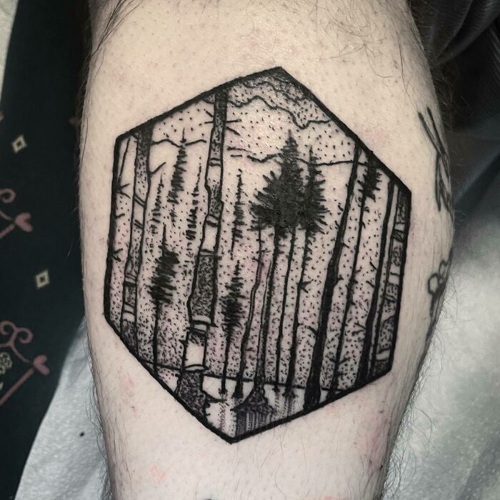 Hexagonal nature tattoo depicting a forest scene on the arm, illustrating the human-earth bond.