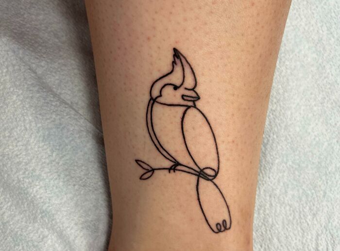 Single-line tattoo of a bird perched on a branch, showcasing minimalist design on skin.