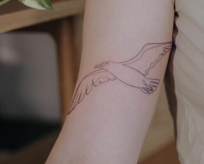Single-line tattoo of a seagull on an arm, showcasing minimalist design.