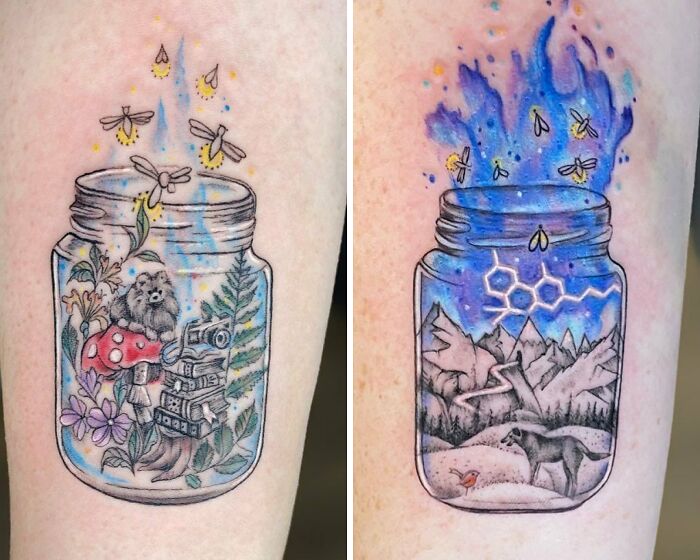 Nature tattoos in jars, featuring forest creatures, landscapes, and fireflies, celebrating the human-earth bond.