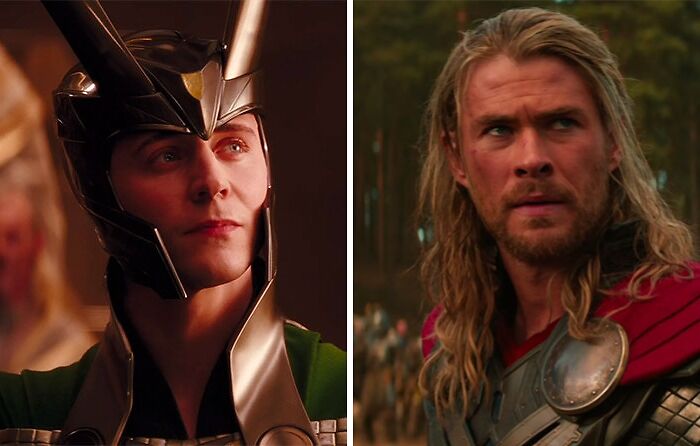 Tom Hiddleston as Loki and Chris Hemsworth as Thor