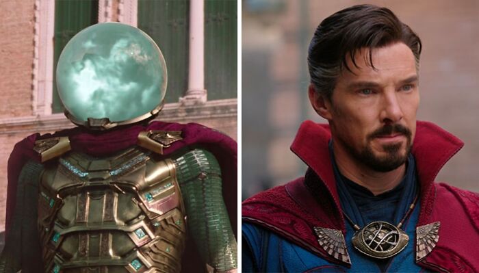 Jake Gyllenhaal as Mysterio and Benedict Cumberbatch as Doctor Strange