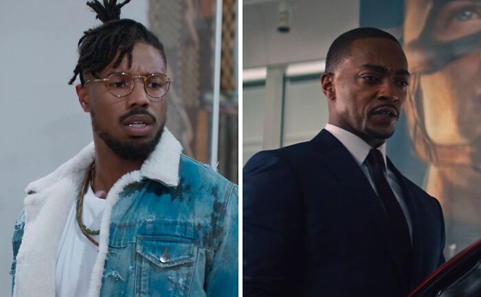Michael B. Jordan as Erik Killmonger and Anthony Mackie as The Falcon