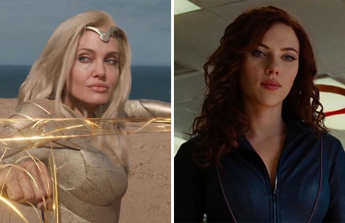 Angelina Jolie as Thena and Scarlett Johansson as Natasha Romanoff