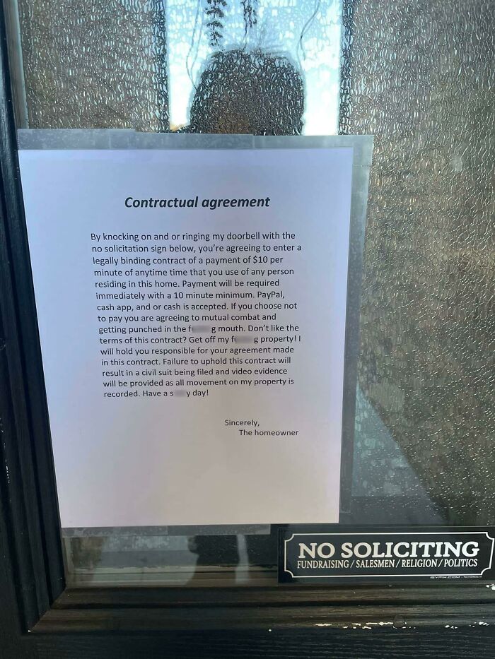 ‘Contract Terms’ On Neighbors Front Door For Ringing Doorbell