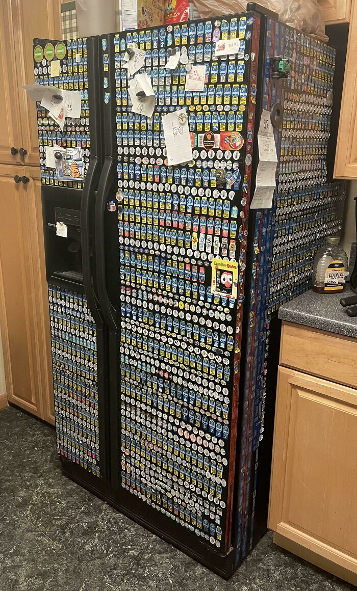 The Result Of My Family Putting All Of Our Fruit Stickers On Our Fridge For The Past Several Years