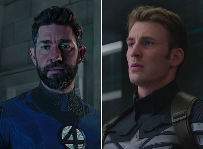 John Krasinski as Reed Richards and Chris Evans as Captain America