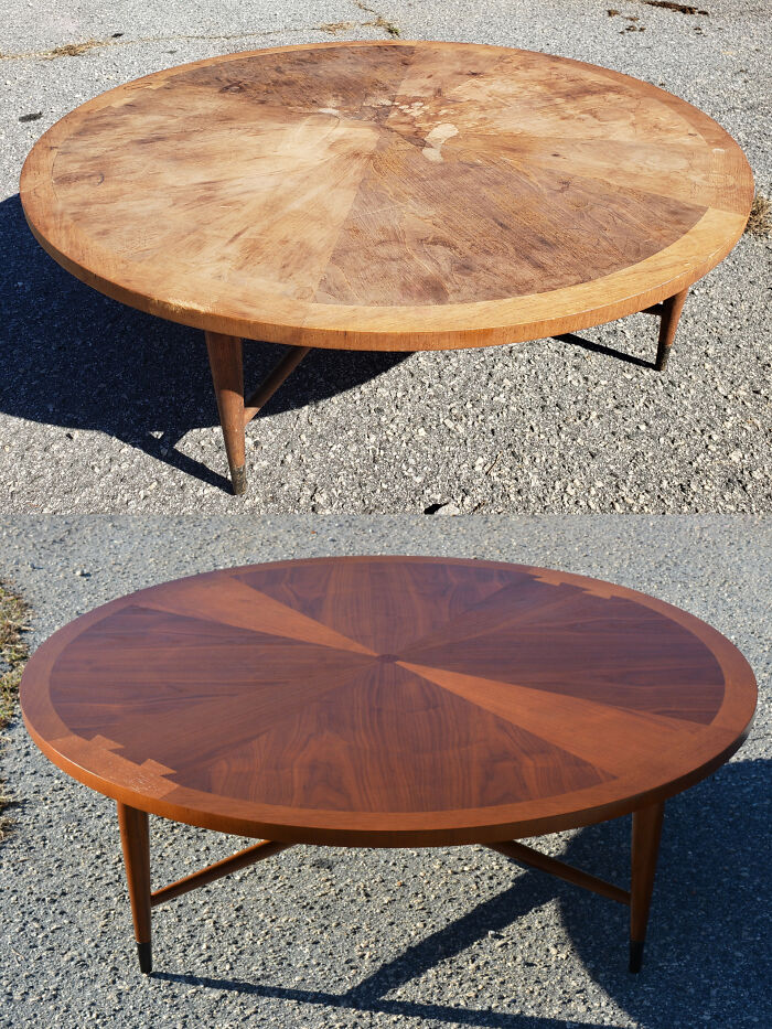 Before And After Lane Acclaim First Edition Cocktail Table, From 1959! This Poor Thing Survived 6 Decades Of Abuse Before It Found Its Way To Me. That's Twice As Long As I've Been Alive. Crazy!!
