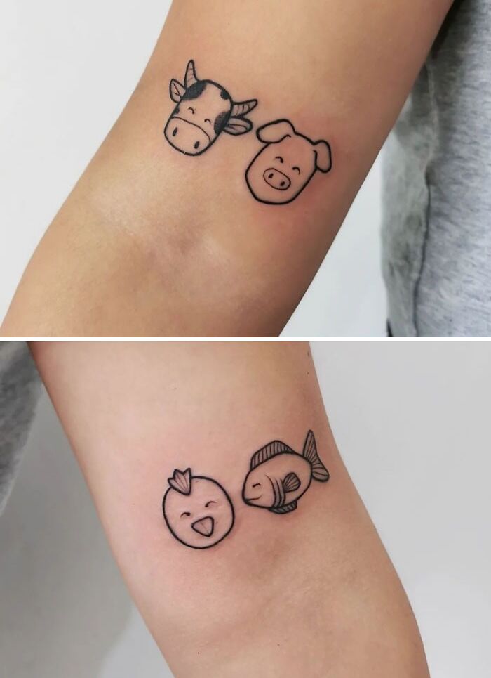 Cute animal tattoos featuring cow, pig, chicken, and fish designs on an arm.
