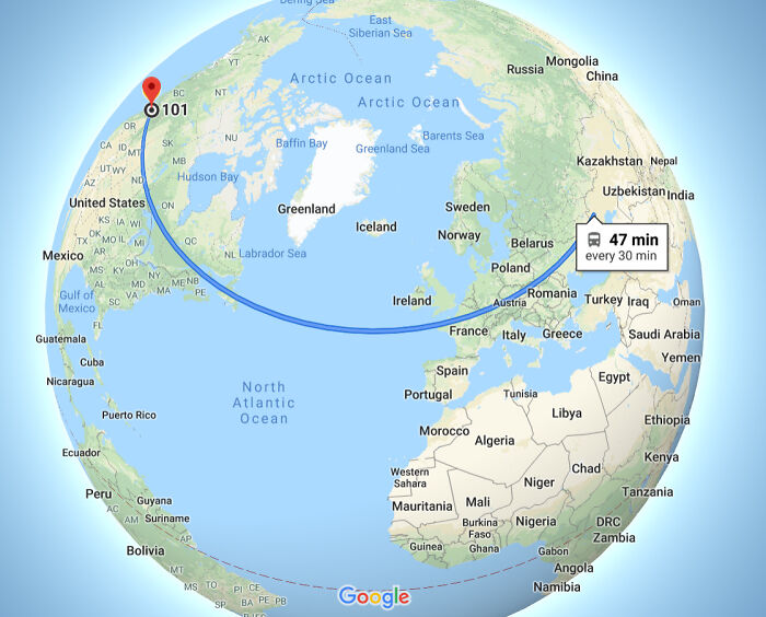 Apparently The Fastest Bus In Existence On Google Maps--Seattle To Kyrgyzstan And Back To Seattle In Only 47 Minutes