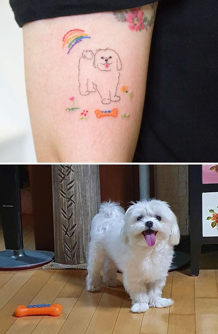 Cute dog tattoo with rainbow and bone, plus a real fluffy dog, perfect animal tattoo idea.