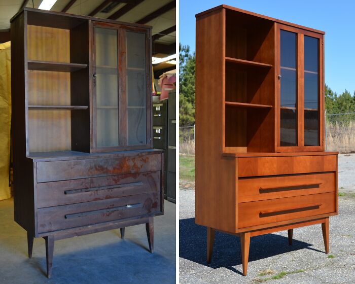 60 Years Of Nicotine Buildup Goes Bye-Bye! Fully Restored Dixie Petite China Cabinet. Thing Thing Was So Gross, Tarred, And Rough To The Touch I Didn't Even See It Has That Great Vertical Cherry Veneer On The Top Drawer!