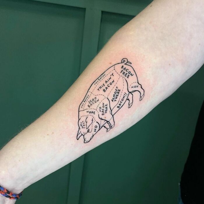 Funny tattoo of a pig diagram with humorous meat label captions on a person's forearm.