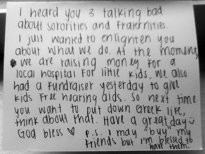 My Friends Were Having A Discussion About Sororities And Frats At Breakfast Today. Apparently, Some Sorority Girls Were Eaves Dropping And Gave Us This Passive Aggressive Note Then Ran Off