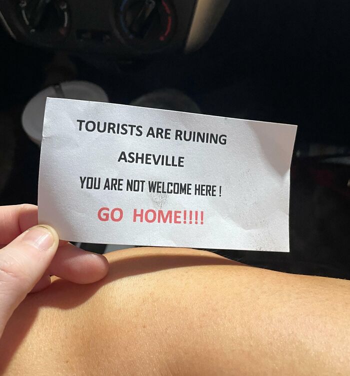 Left On My Sister’s Windshield… Who Is From Asheville, But Has South Carolina Plates… Stay Classy Asheville