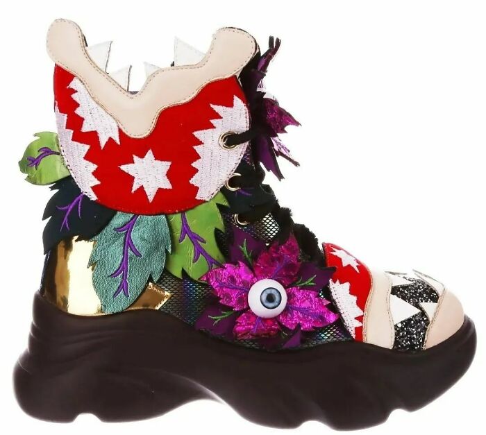 Weird shoe design with vibrant colors, floral patterns, and unique textures.