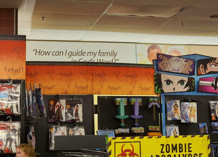 Our Spirit Halloween Used To Be A Christian Bookstore, And The Signage Is Still Up