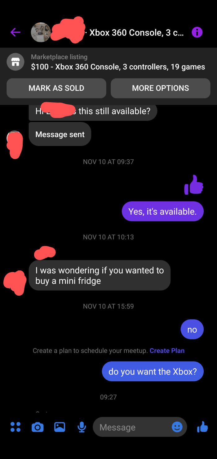 Chat conversation on selling an Xbox 360 that shows frustrating interactions with potential buyers online.