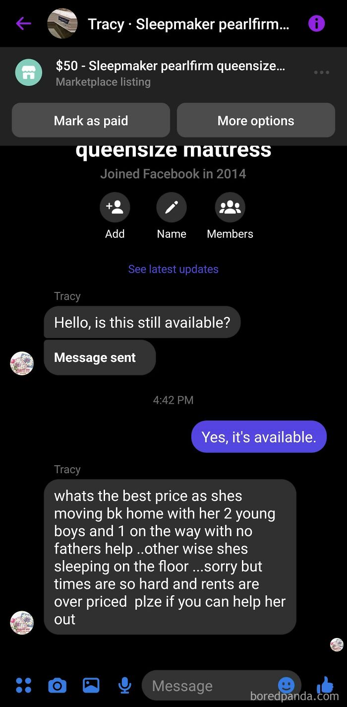 Messenger conversation showing a buyer using emotional tactics while negotiating price for queensize mattress online.